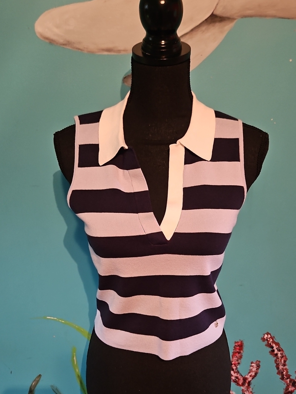 DKNY Striped Polo Tank - Navy & Light Blue